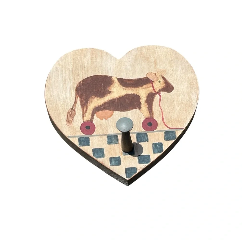 Vintage Heart Hand Painted Cow Wall Hook Hanging Rustic Country Primitive Farm